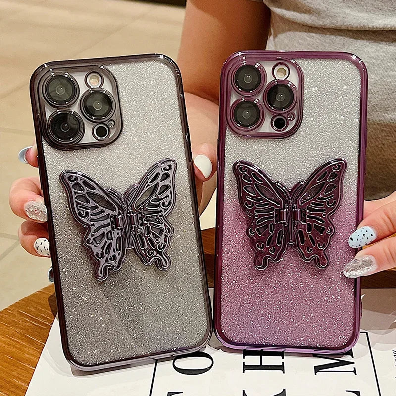 Coque iPhone Paillettes Dégradées Papillon – Protection Antichoc avec Film d'Objectif – Compatible iPhone 16, 15 Pro Max, 14, 13, 12, 11 - ModeTrendd